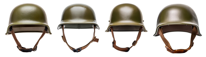 Various military helmets displayed against a white isolated background.