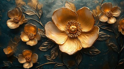 Poster - A stunning relief artwork featuring golden flowers against a textured blue background, showcasing intricate details and elegant design.