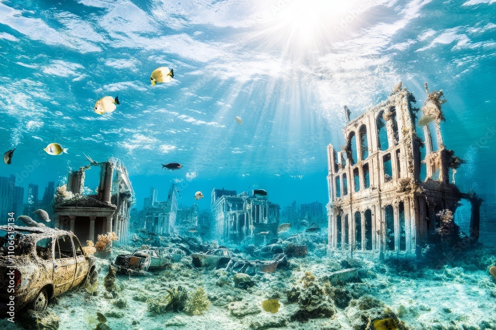 Sunken city ruins underwater with tropical fish swimming around Stock ...