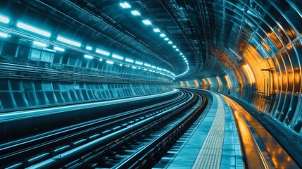 Poster - A futuristic transport tunnel illuminated by bright blue and orange lights.
