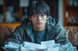 © julija - business concept depicting a young asian man sitting on his couch, stressed as he calculates expenses from bills scattered around him, highlighting the emotional impact of financial struggles