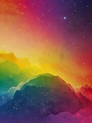 Wall Mural - Vibrant colors blend seamlessly in a cosmic landscape featuring a multicolored mountain range under a starry sky. The gradient transitions from deep purples to bright yellows and greens