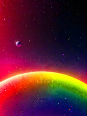 Wall Mural - A vivid celestial scene showcases a rainbow-colored planet against a dark, starry sky. A smaller purple celestial body floats in the distance, enhancing the cosmic ambiance.