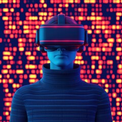 Wall Mural - a person wearing a virtual reality headset stands against a vibrant, abstract background of red and 