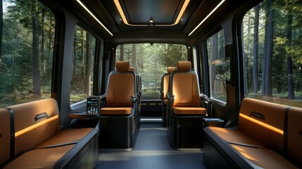 Poster - Sleek electric transport interior features spacious seating and modern design elements. Surrounded by lush greenery, it promotes a sustainable travel experience while emphasizing comfort.