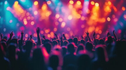 Wall Mural - Vibrant Crowd at a Live Concert with Colorful Bokeh Lights Creating an Energetic Atmosphere of Music and Celebration