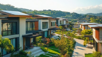 Poster - This residential community showcases contemporary homes designed with sustainability in mind. The setting is surrounded by lush greenery and rolling hills, creating a peaceful living environment.