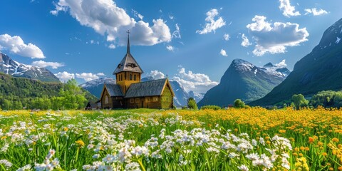 A close-up of Norway's famous stave church, set against a backdrop of blooming wildflowers, fresh green grass, and majestic mountains in springtime. 