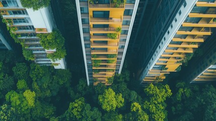Poster - Modern residential buildings showcase a unique design, integrating lush green terraces amid urban development.