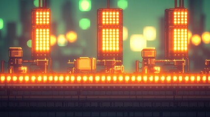 Poster - Futuristic Industrial Landscape with Neon Lights and Digital Elements