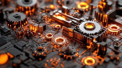 Poster - Abstract Futuristic Circuit Board with Orange Glowing Elements