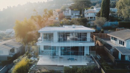Aufkleber - A modern residence is enhanced using AI technology to showcase its design features. The drone view displays a clear layout and surrounding neighborhood, emphasizing the property's unique qualities.