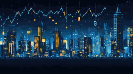 Poster - Nighttime Cityscape with Pixelated Style and Financial Graph Trends