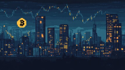 Poster - Urban Night Scene with Bitcoin Symbol and Financial Graph Elements