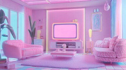 Poster - Retro-Inspired Pink Living Room with Neon Lights and Soft Textures