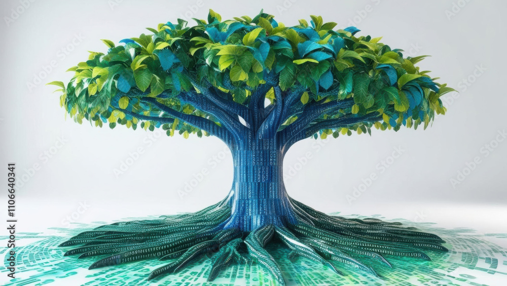digital tree growing from binary code roots, featuring vibrant green ...