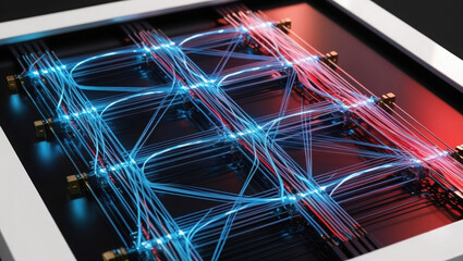 Poster - conceptual signal grid with glowing optical strands showcases vibrant connectivity network, emphasiz