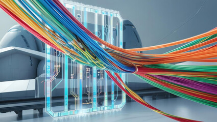 Poster - Digital fiber optics with vibrant lighting showcase futuristic infrastructure and holographic bandwidth display, creating visually striking scene