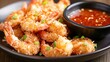 © aubriella - A plate of crispy coconut shrimp served with sweet chili dipping sauce, Shrimp on plate, Warm natural lighting highlighting the golden crust