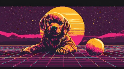 Poster - Retro Neon Puppy with Ball Against Sunset in Pixel Art Style