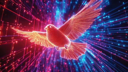Poster - Futuristic Digital Bird with Vibrant Neon Lights and Data Streams