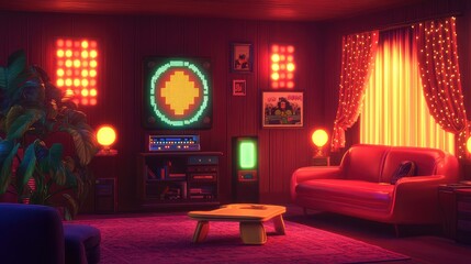 Poster - Cozy Retro Living Room with Neon Lights and Vintage Decor