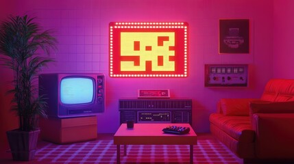 Poster - Retro Living Room with Neon Lights and Vintage Television Setup