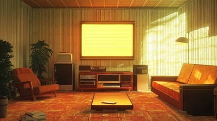 Poster - Retro Living Room with Vintage Furniture and Warm Lighting