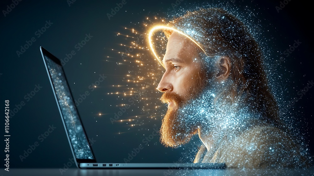 A digital illustration of a man with long hair and a beard, wearing a ...