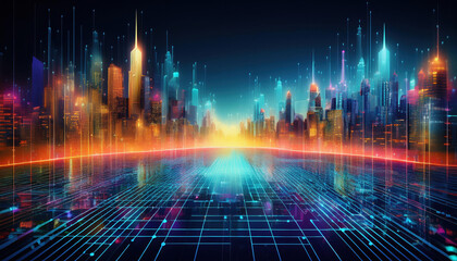 Poster - vibrant cityscape emerges from digital grid, symbolizing creators shaping future with innovation and