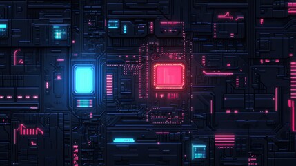 Poster - Futuristic Circuit Board Design with Blue and Pink Lights
