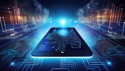 Poster - futuristic tablet with glowing circuits and blockchain paths, representing advanced financial system