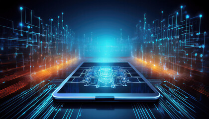Poster - futuristic digital tablet with glowing blockchain paths and security layers, representing advanced f