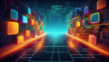 Poster - vibrant digital landscape featuring futuristic grid with glowing blocks and circuit patterns, symbol