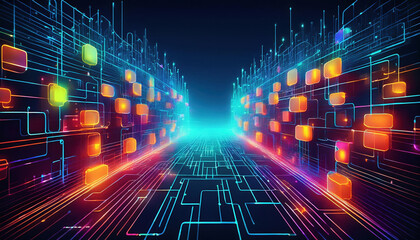 Poster - Vibrant digital grid with colorful blocks and glowing lines, representing modern blockchain technology and secure financial transactions