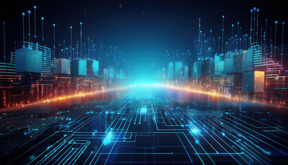 Poster - futuristic digital landscape featuring grid of holographic data visualizations, representing advanced cybersecurity layers and cryptocurrency transactions