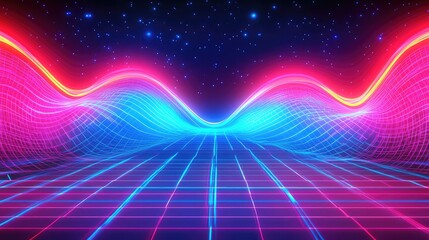 Poster - Futuristic Neon Waves with Starry Sky and Grid Background