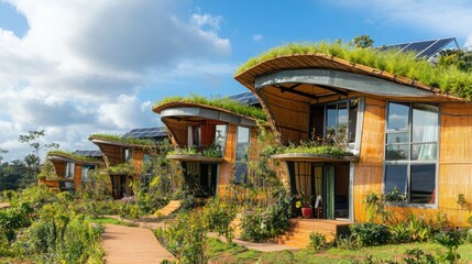 Aufkleber - Sustainable housing developments stand prominently in a green environment, featuring solar panels and grass-covered roofs.