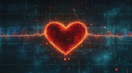 Poster - Digital Heartbeat Animation with Glowing Heart and Signal Waveform