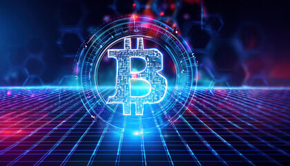 Poster - Digital cryptocurrency symbol glowing in futuristic grid environment, representing advanced financial protection and technology