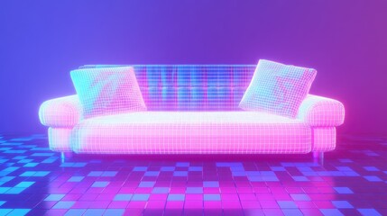 Poster - Neon Glowing Sofa in Futuristic Retro 3D Style with Grid Design
