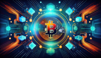 Poster - Vibrant blockchain patterns and secure financial systems create dynamic visual representation of digital currency. This cutting edge design showcases essence of cryptocurrency