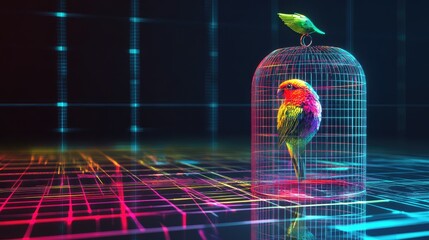Poster - Colorful Digital Bird in a Futuristic Cage with Neon Backgrounds