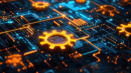 Poster - Futuristic Technology Background with Neon Gears and Circuit Pattern