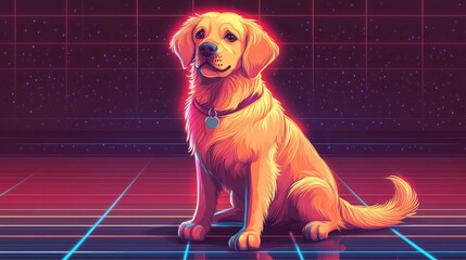 Poster - Vibrant Golden Retriever Dog in Retro Futuristic Digital Landscape