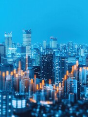 Poster - A vibrant cityscape at night, showcasing towering skyscrapers with graphic representations of financial data in a striking blue hue.