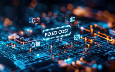 Poster - A digital representation of fixed costs with icons on a tech-inspired background, highlighting financial concepts in a modern, electronic environment.