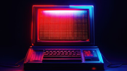 Poster - Retro computer with neon lights glowing in a dark setting