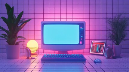 Poster - Retro Computer Setup with Neon Lighting and Indoor Plants