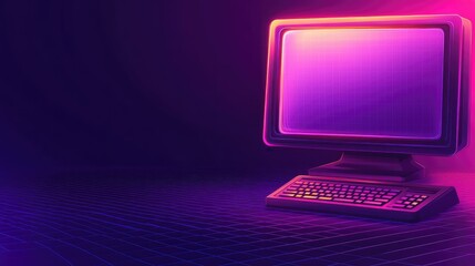 Poster - Retro Futuristic Computer With Neon Glow and Vibrant Background